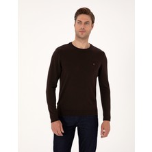 Pierre Cardin Erkek Koyu Kahverengi Slim Fit Bisiklet Yaka Basic Triko Kazak 50314192-VR084