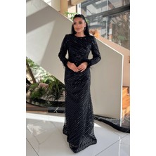 Pul Payet Kumaş Tesettür Abiye Elbise - Siyah