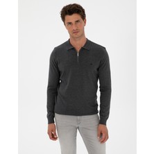 Pierre Cardin Erkek Antrasit Melanj Slim Fit Polo Yaka Fermuarlı Basic Triko Kazak 50314191-VR081
