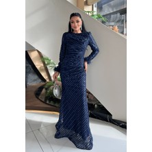 Pul Payet Kumaş Tesettür Abiye Elbise - Lacivert