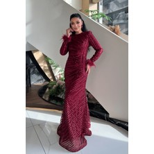 Pul Payet Kumaş Tesettür Abiye Elbise - Bordo