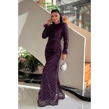 Pul Payet Kumaş Tesettür Abiye Elbise - Patlıcan Mor