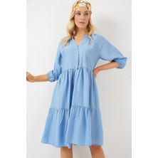 Hiccup Kadın BDART Düğme Kapatmalı Dokulu Midi Elbise Gece Mavisi