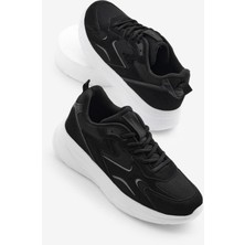 Erkek Siyah Beyaz Faylon Taban Nefes Alabilen Kumaş Reflektörlü Dalgalı Desenli Spor Ayakkabı