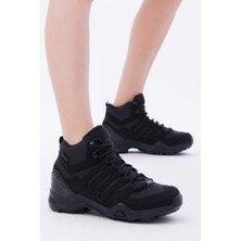 Unisex Siyah Siyah Rahat Kalıp Yanı Şerit Detaylı Bağcıklı Trekking Bot