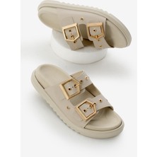 Kadın Bej Poli Taban Çift Bantlı Tokalı Terlik