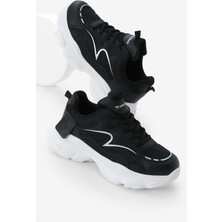 Kadın Siyah Beyaz Yüksek Eva Faylon Taban Nefes Alabilen Kumaş Desenli Bağcıklı Spor Ayakkabı