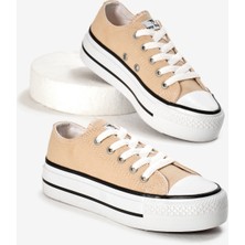 Çocuk Unisex Bej Termo Kalın Taban Bağcıklı Keten Spor Ayakkabı