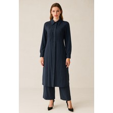 43838 Önü Düğmeli Boncuk ve Taş Detaylı Gömlek Yaka Uzun Ikili Takım