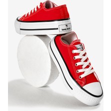 Çocuk Unisex Kırmızı Termo Kalın Taban Bağcıklı Keten Spor Ayakkabı