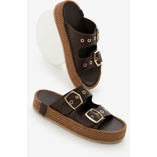 Kadın Kahve Halat Detaylı Yüksek Taban Çift Tokalı Terlik