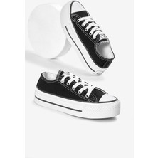 Çocuk Unisex Siyah Termo Kalın Taban Bağcıklı Keten Spor Ayakkabı