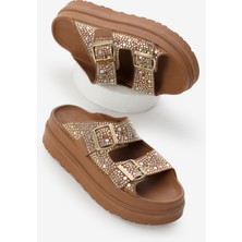 Kadın Taba Yüksek Poli Taban Taşlı Çift Bantlı Tokalı Terlik