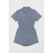 Kadın Kısa Kollu Fermuarlı Beli Lastikli Jean Tulum Şort