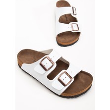 Unisex Beyaz Poli Taban Ayarlamalı Çift Tokalı Terlik