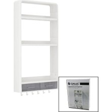 Beyaz Yapışkanlı Duvar Organizeri Plastik 3 RAF=14CM-19CM-30CM - 2 ÇEKMECE=40CM - 6 Askı 19 Parça (3791)