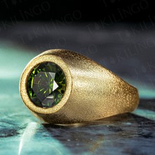 925 Ayar Gümüş Altın Kaplama Yuvarlak Peridor Olivin Taşlı Sade Erkek Yüzük