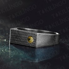 MH-286 925 Ayar Gümüş Oksitli Pırlanta Montür Sarı Sitrin Taşlı Erkek Yüzük