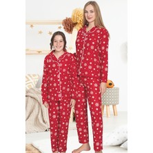 Anne Kız Kırmızı Pijama Takımı - Kar Temalı