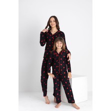 Anne Kız Kırmızı Kalp Desenli Süet Pijama Takımı