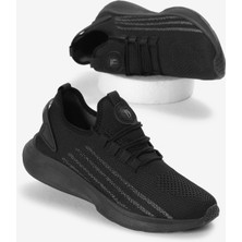 Unisex Siyah Termo Taban Şerit Detaylı Bağcıklı Triko Spor Ayakkabı