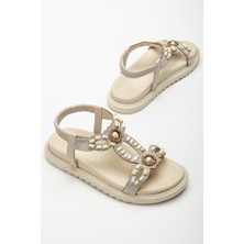 Kadın Bej Arkası Lastikli Taş Işlemeli Sandalet