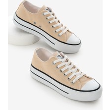 Kadın Bej Termo Kalın Taban Bağcıklı Keten Spor Ayakkabı