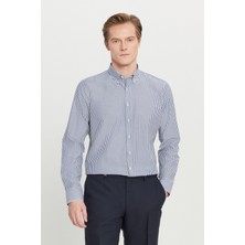 Altınyıldız Classics Erkek Beyaz-Antrasit Pamuklu Tailored Slim Fit Dar Kesim Düğmeli Klasik Yaka Çizgili Gömlek