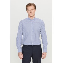 Altınyıldız Classics Erkek Beyaz-Lacivert Pamuklu Tailored Slim Fit Dar Kesim Düğmeli Klasik Yaka Çizgili Gömlek