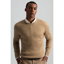 Merino Yün Ipek Karışım Örgü Desen Bisiklet Yaka Camel Triko