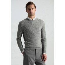 Merino Yün Ipek Karışım Örgü Desen Bisiklet Yaka Açık Gri Triko