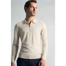 Merino Yün Ipek Karışım Polo Yaka Yarım Fermuarlı Açık Bej Triko