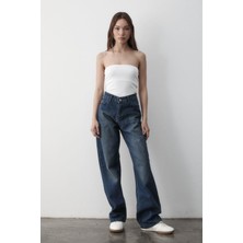 Jaste Kadın Yüksek Bel Geniş Paça Jean Pantolon MAVİ