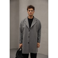 Gri Renk Düğme Kapamalı Yarım Oversize Rahat Kesim Uzun Erkek Kaşe Kaban Palto