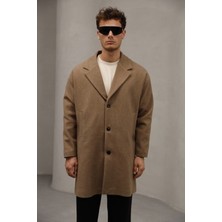 Kahverengi Düğme Kapamalı Yarım Oversize Rahat Kesim Uzun Erkek Kaşe Kaban Palto