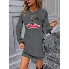 Kadın Uzun Kollu Bisiklet Yaka Desenli Viskon Iki Iplik Elbise