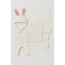 Unisex Bebek Pamuklu Ekru Tavşan Kulaklı 5 Parça Hastane Çıkışı Takımı