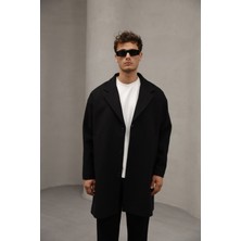 Siyah Renk Düğme Kapamalı Yarım Oversize Rahat Kesim Uzun Erkek Kaşe Kaban Palto