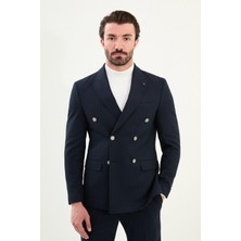 Çizgili Slim Fit Geniş Yaka Kruvaze Metal Düğmeli Erkek Takım Elbise