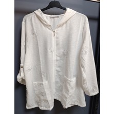 Büyük Beden % 100 Pamuk Keten Simli Çiçek Nakışlı 80 cm Basen Kapatan Boyda Kapüşonlu Ceket