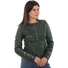 Hakiki Deri Yeşil Düğmeli Kadın Ceket