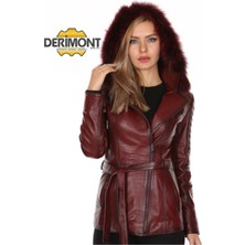 Hakiki Kuzu Derisi Bordo Kemerli Kürklü Kadın Ceket