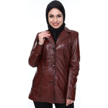 Hakiki Kuzu Derisi Bordo Önden Düğmeli Kadın Ceket