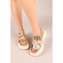 %100 Hakiki Deri Çift Tokalı Kalın Taban Sandalet Gold