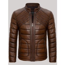 Hakiki Kuzu Derisi Kahverengi Erkek Deri Mont Şişme 2 Cepli Deri Ceket