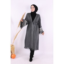 Bym Fashion Etrik İşlemeli Triko Kimono 12675 Gri
