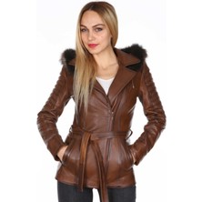 Hakiki Kuzu Derisi Kahverengi Kol Işlemeli Kapşon Kürklü Kadın Ceket