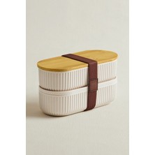 Kitchen Life 4 Parça Duele Vakumlu Bambu Kapaklı Saklama Kabı 500 ml Çizgili Tasarım