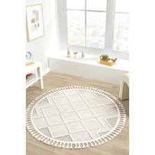 Krem Bej Yuvarlak Saçaklı Dokuma Halı Yolluk Antre Oturma Odası Salon Mutfak Halısı Yuvarlak