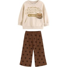Kız Çocuk Peluş Teddy Bear Aplikeli Sweatshirt Bol Kesim Puantiye Eşofman Altı Takım